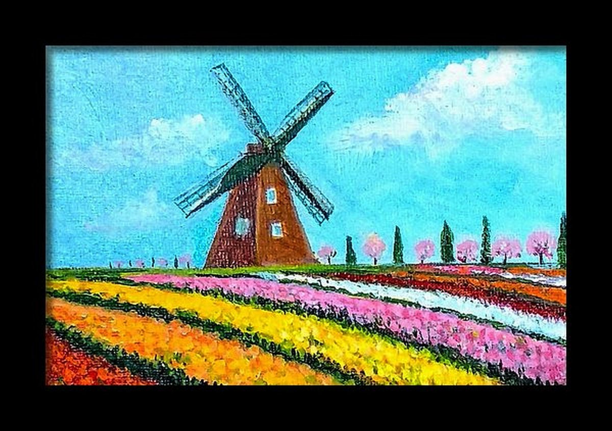 Miniature Dutch Landscape Painting Holland Windmill and Tulips 6x 4 by Asha Shenoy