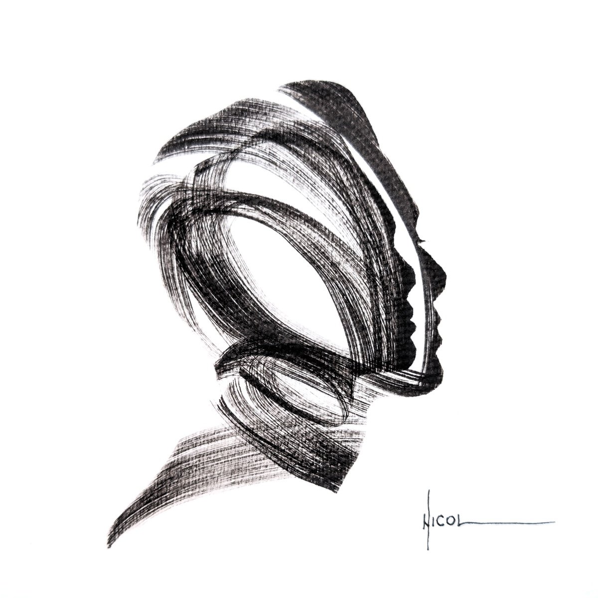 Expressive Portrait Ink Drawing By Nicol Vacaru, 8 X 8", Layers Of Thought, Original Artwork