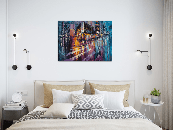 Night city after rain , big painting 80х60