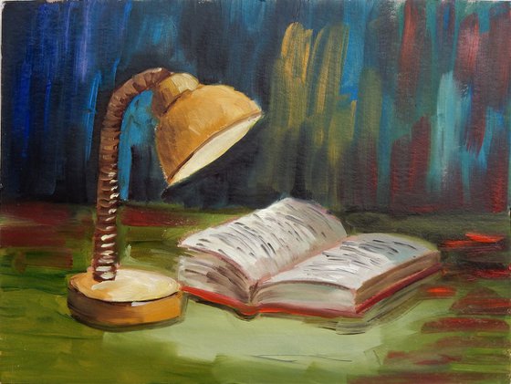 Still life oil painting with a book.
