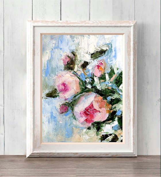 Floral Rose Painting Original Art Pink Flower Artwork Small Oil Wall Art