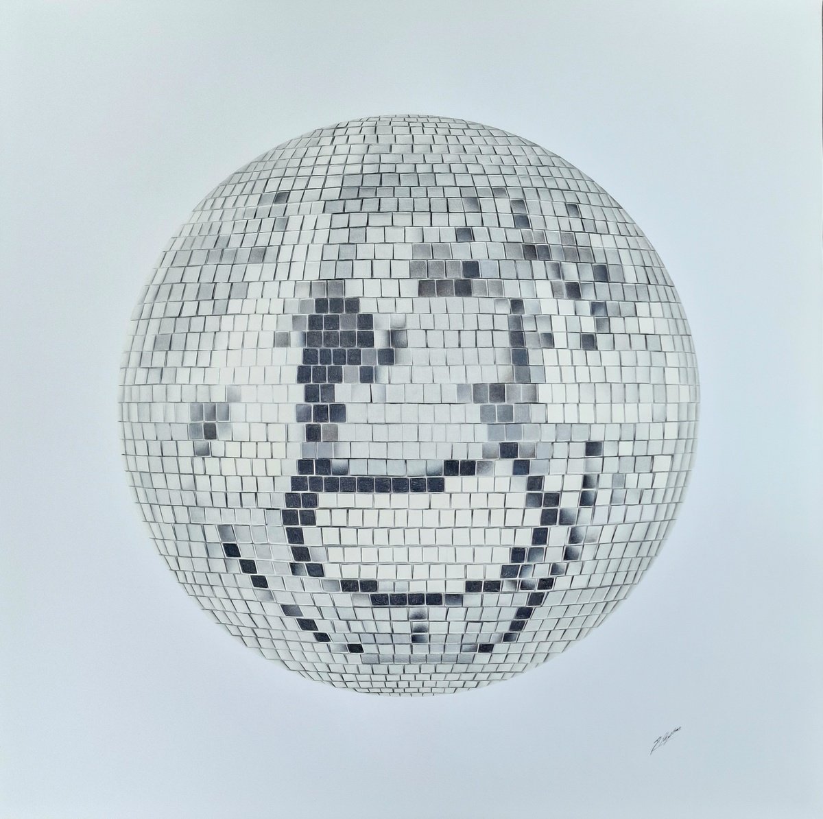 Photorealistic Still Life Pencil Drawing By Daniel Shipton, 23 X 23, Mirror Ball, Original Artwork