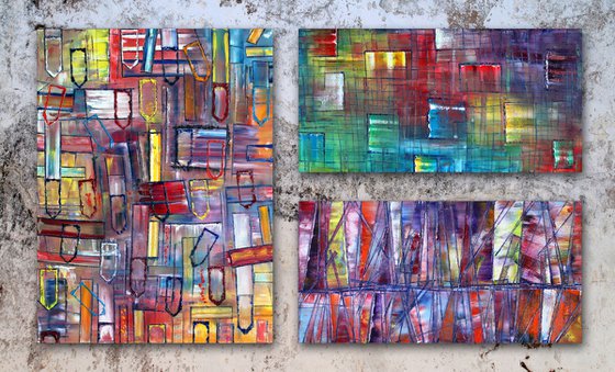 "It Will All Make Sense" - Original Xt Large PMS Abstract Triptych Oil Paintings On Canvas - 66" x 40"