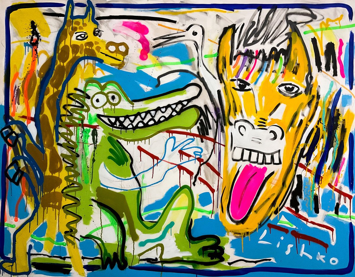 Expressive Animal Acrylic Painting By V. Lishko, 71 X 55", Animal Dance, Original Artwork