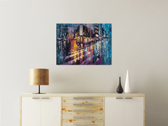 Night city after rain , big painting 80х60