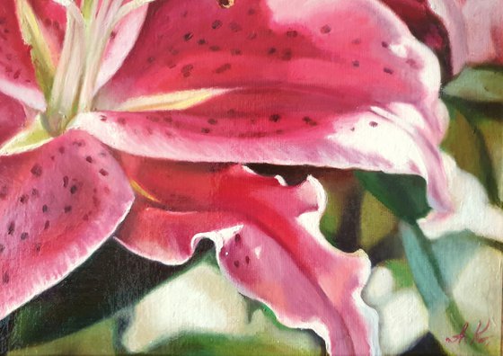 "Oh, lily ..."  pink red flower lily liGHt original painting  GIFT (2021)