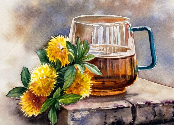 Tea and Dandelions Still Life