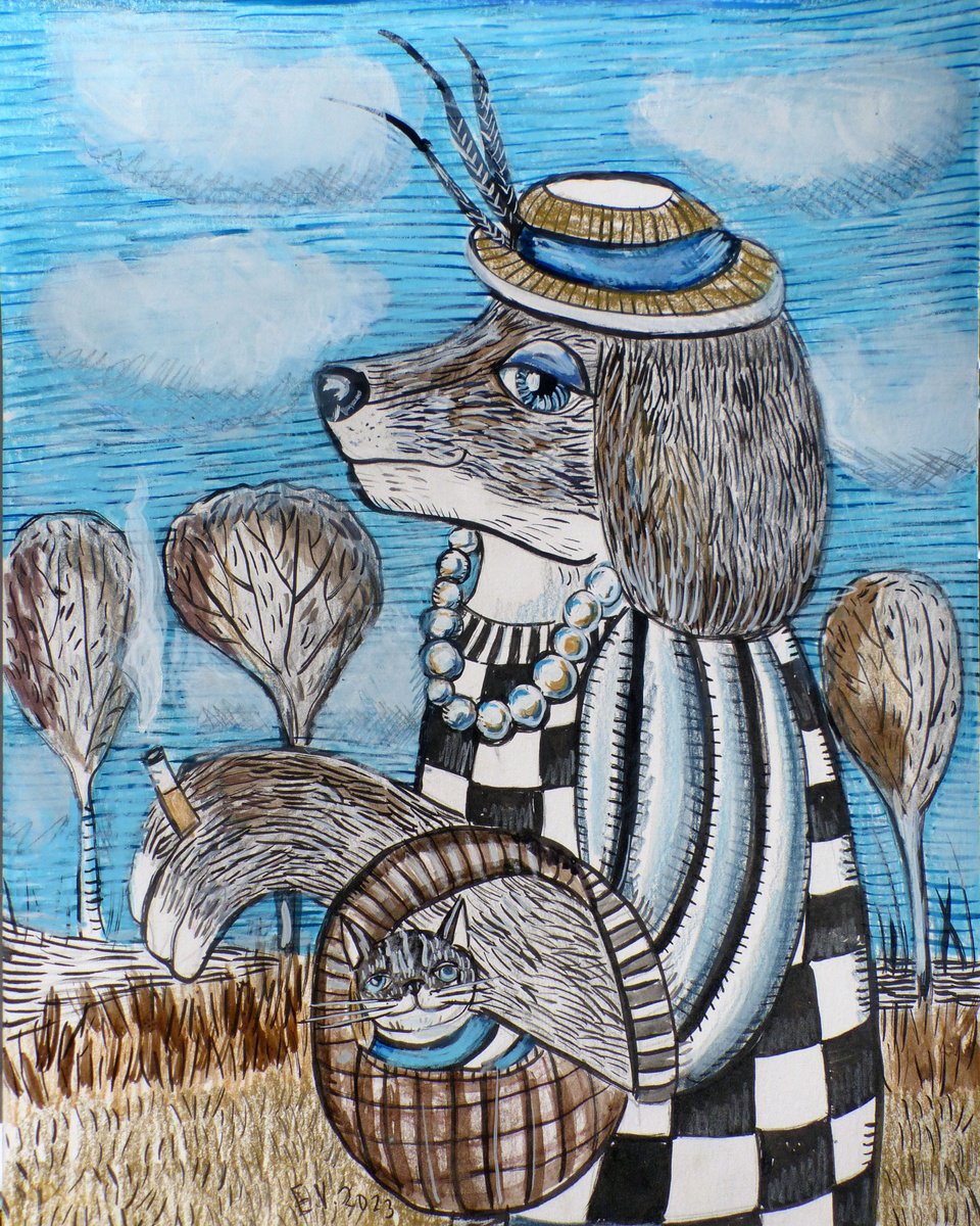 Surrealistic Animal Painting By Elizabeth Vlasova, 11 X 14, Morning Lady#2, Original Artwork