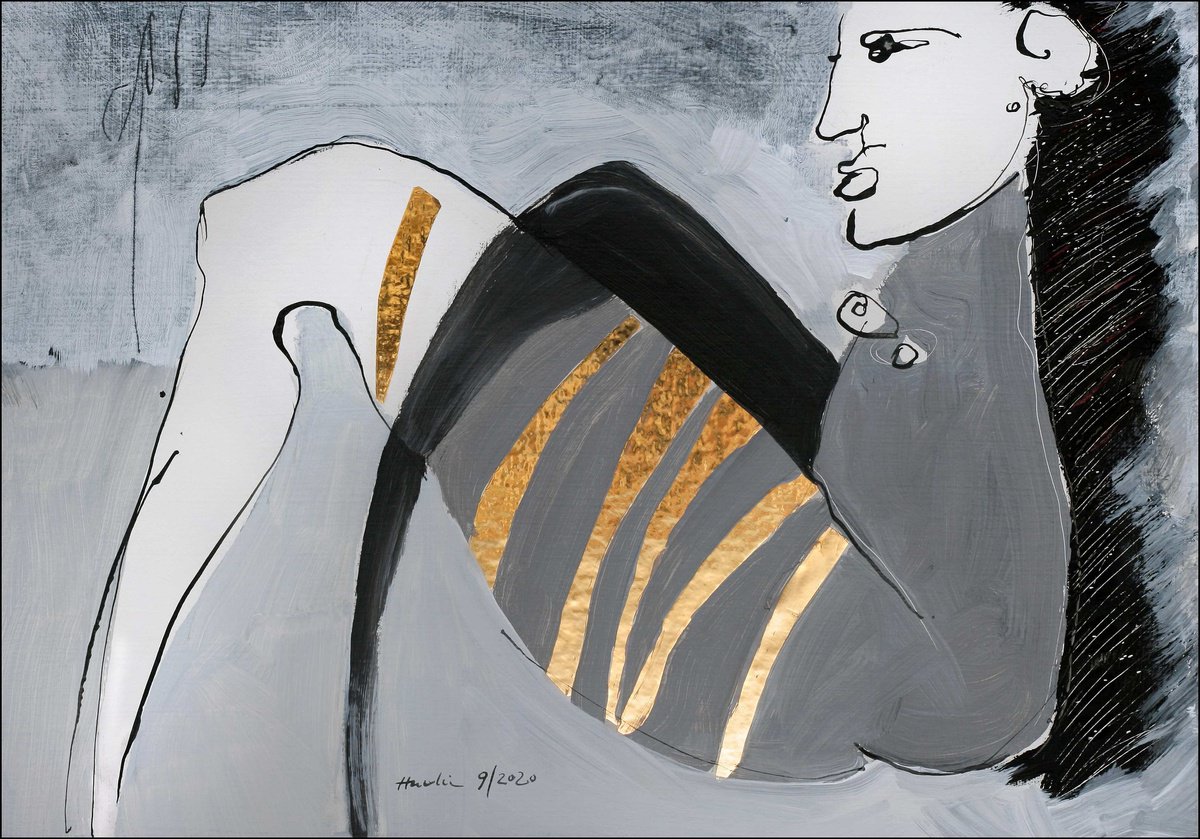 Portrait Acrylic Painting By Jiri Havlik, 20 X 14, On Gray, Original Artwork