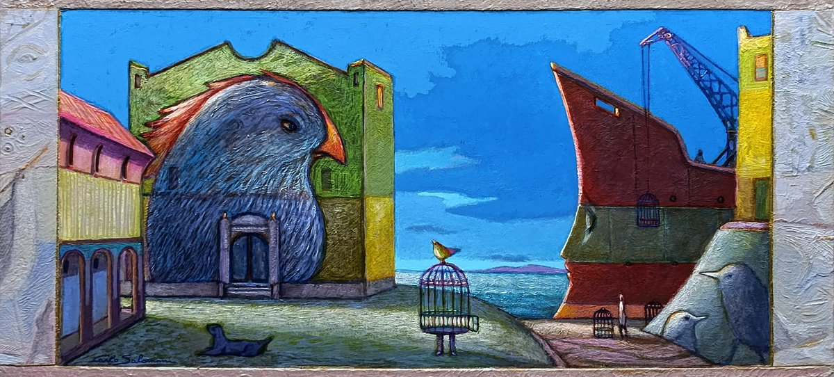 Surrealistic Landscape Acrylic Painting By Carlo Salomoni, 28 X 12, The Port Of Migratory Dreams, Original Artwork