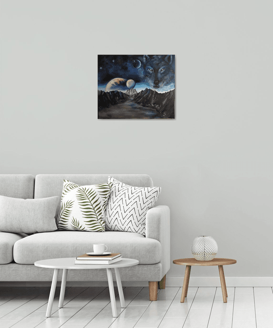 Sky wolf, original surreal planet, animal painting, gift idea, bedroom painting