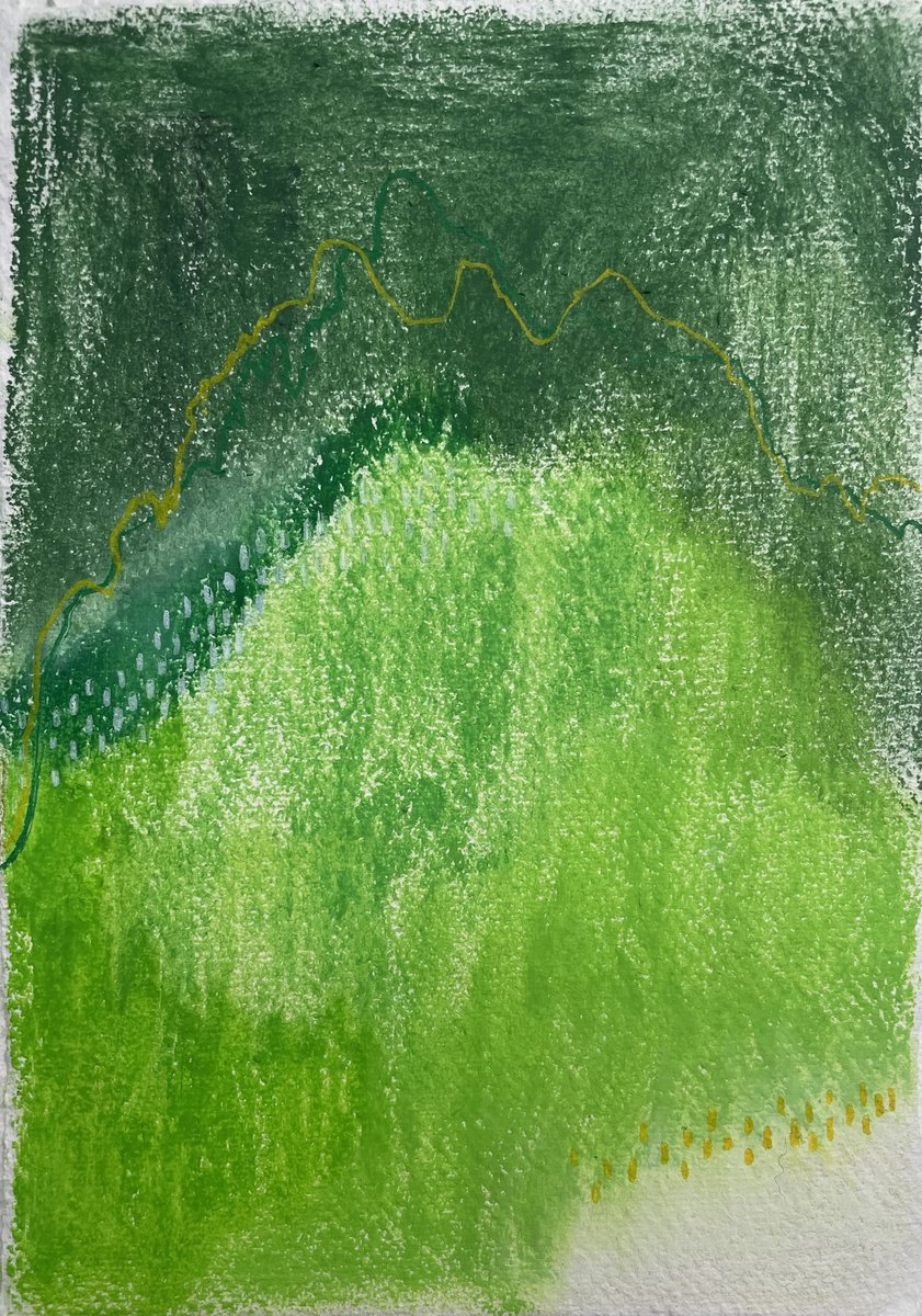 Abstract Pastel Drawing By Flora Butler, 6 X 8, Summits Of Green And Gold, Original Artwork