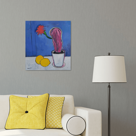 Pink Cactus with Flower and Lemons