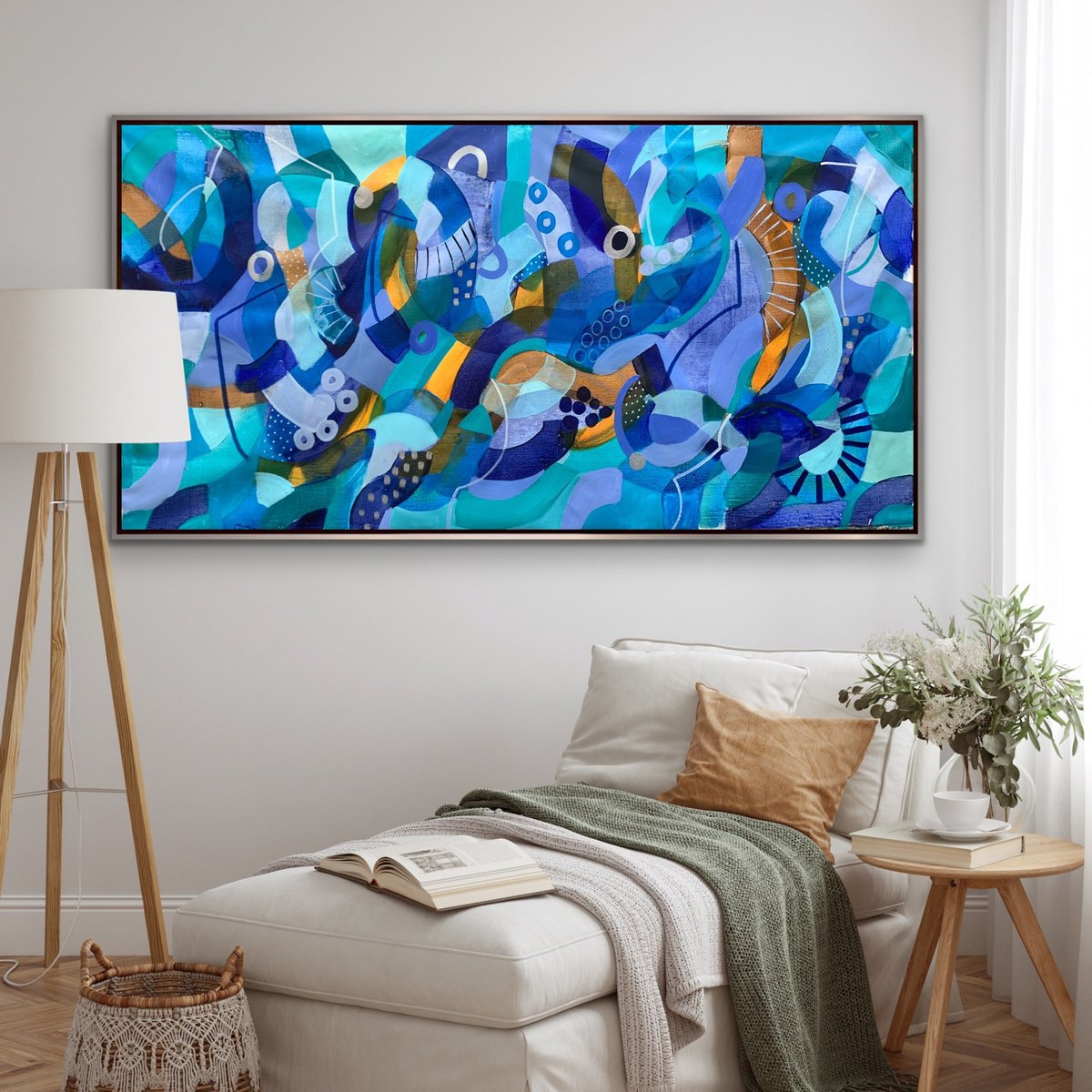 Organic Abstract Acrylic Painting By Rashna Hackett, 72 X 38", The Silence Of Water Ii, Original Artwork