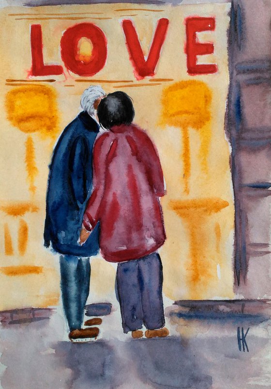 Couple Painting Figurative Original Art NYC Watercolor New York Artwork Small Home Wall Art 8 by 12" by Halyna Kirichenko