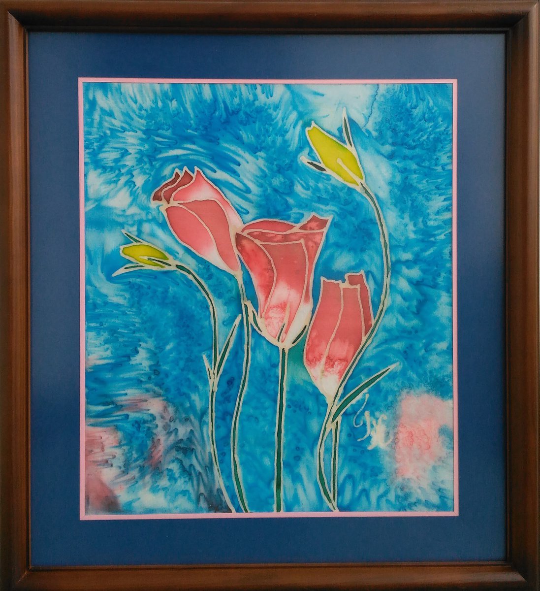 batik flowers original acrylic painting on silk framed ready to hangFlower tenderness by Halyna Kirichenko