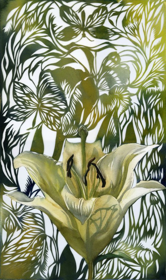 spring green tulip watercolor with paper cut