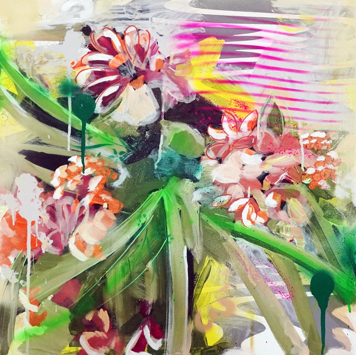 Expressive Botanical Painting By Martina Palmoni, 24 X 24", Nebbia Tropicale, Original Artwork