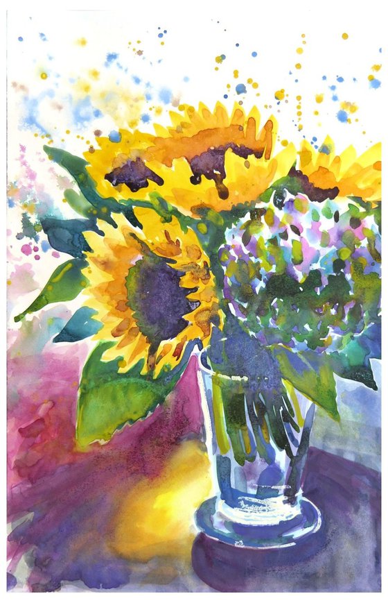 Sunflowers in a Vase Original Watercolor Painting Loose and Expressive Floral Art