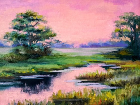 Sunrise landscape trees river