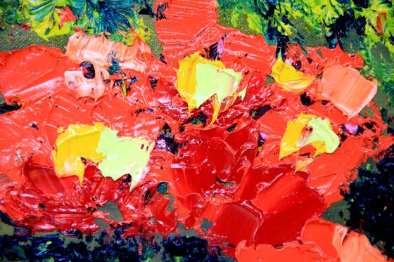 Textured Wildflowers Red Yellow White Original Oil Painting on Canvas