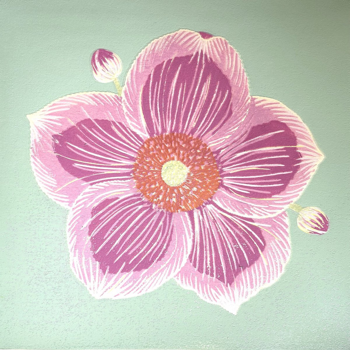 Illustrative Botanical Linocut By Nathalie Pymm Art, 12 X 12", Japanese Anemone, Original Artwork
