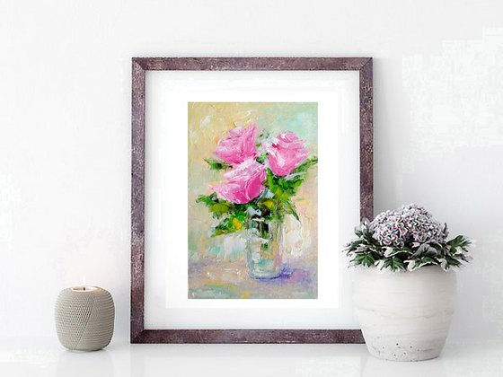 Pink Rose Painting Original Art Small Oil Artwork Flower Wall Art Floral Mini Oil Painting