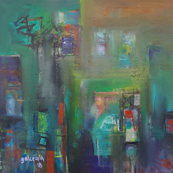 Urban Fog, Small Painting, Green Colors Home Art