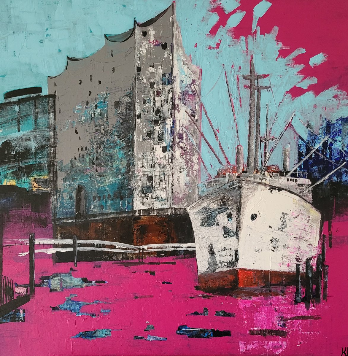 Urban And Pop Cityscapes Acrylic Painting By Kathrin Floge, 31 X 31", Hamburg Pink Port, Original Artwork