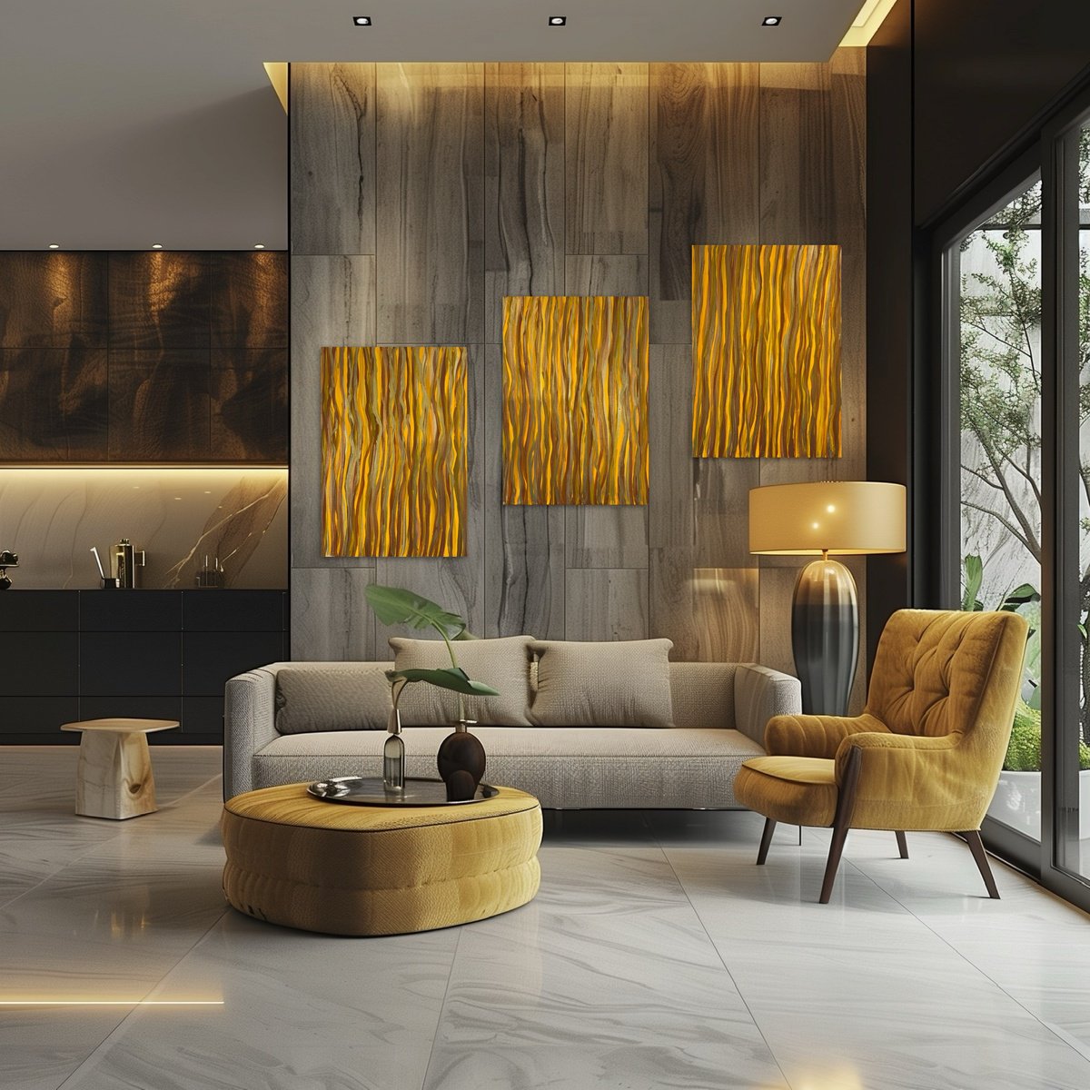 Abstract Acrylic Painting By Exclusive Arts, 59 X 28, Hand-Painted Yellow Gold Set, Original Artwork