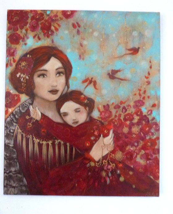 "An armful of love", maternity scene, mom and daughter 46x55cm