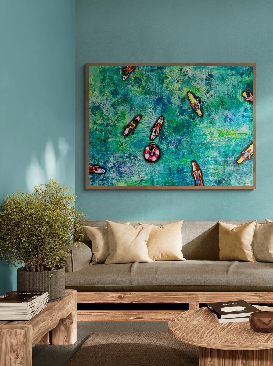 Impressionistic Landscape Acrylic Painting By Maria Kireev, 59 X 41", Sunny Turquoise, Original Artwork