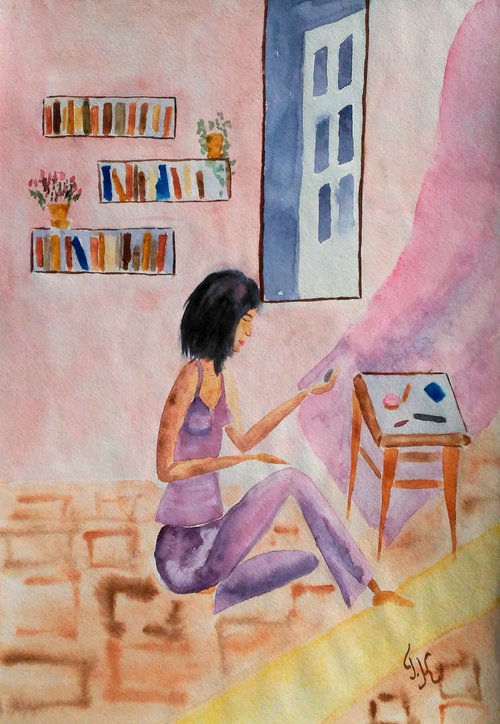 Woman Painting Girl Original Art Figurative Watercolor Artwork Small Wall Art 12 by 17" by Halyna Kirichenko by Halyna Kirichenko