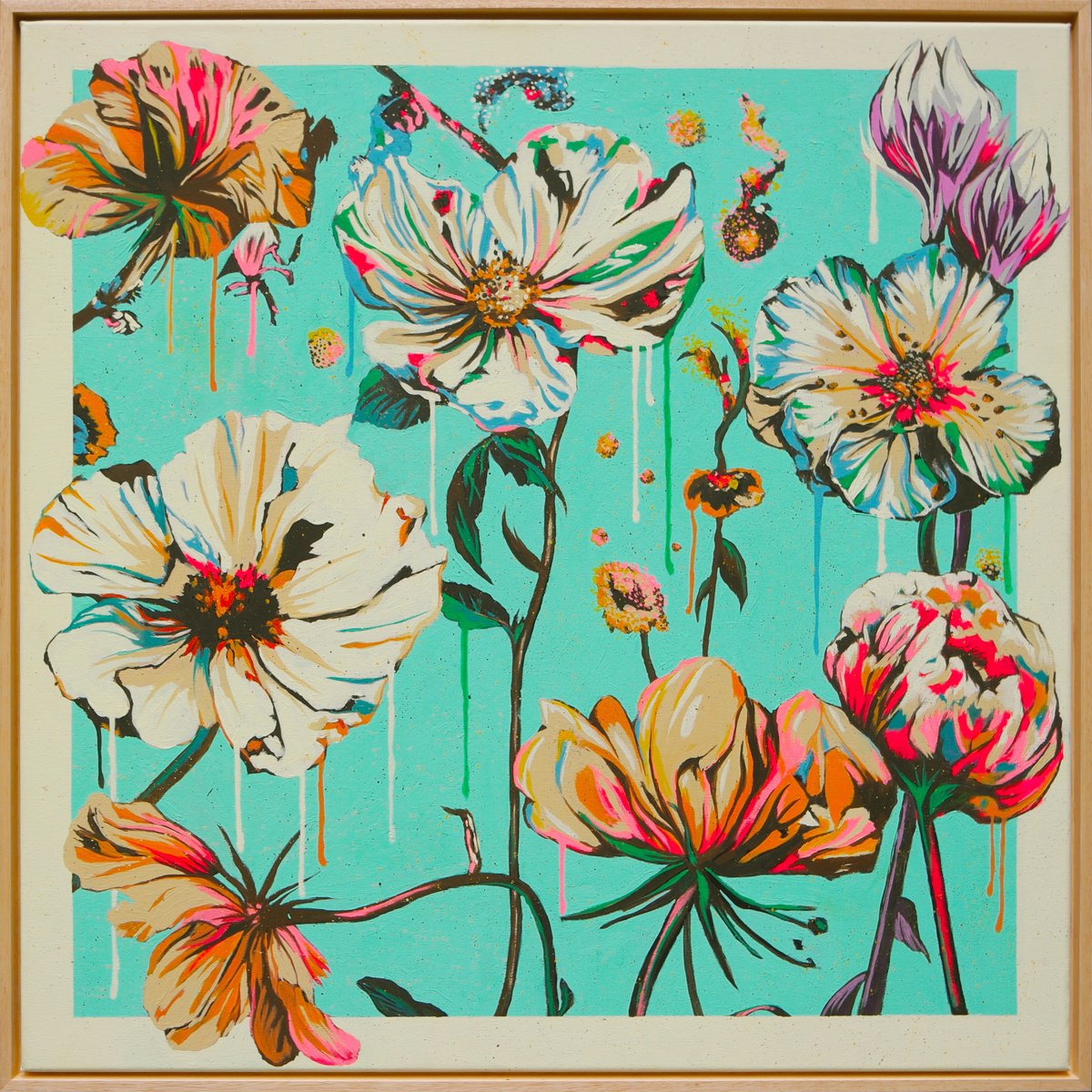 Illustrative Botanical Acrylic Painting By Ronald Hunter, 33 X 33", Fantasy Flowers Turquoise, Original Artwork