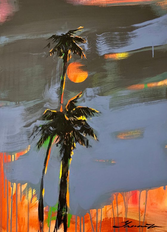 Expressionist painting - "Storm at sunset" - Pop Art - Palms and Sea - Night seascape - Sun - Orange Sunset