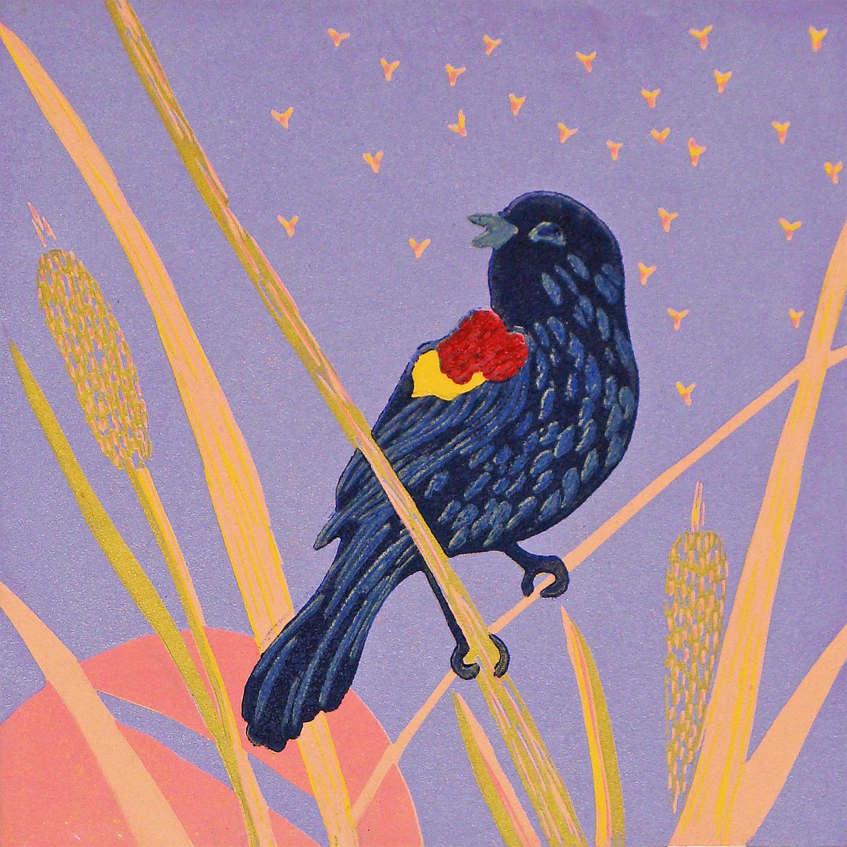 Illustrative Animal Linocut By Angela Maher, 10 X 10, Sunset Song, Original Artwork