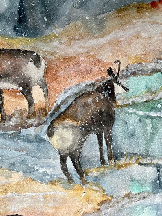 Mountain Large Original Watercolor Painting, Chamois Artwork, Goat Wall Art, Snowy Landscape Art, Farmhouse Home Decor