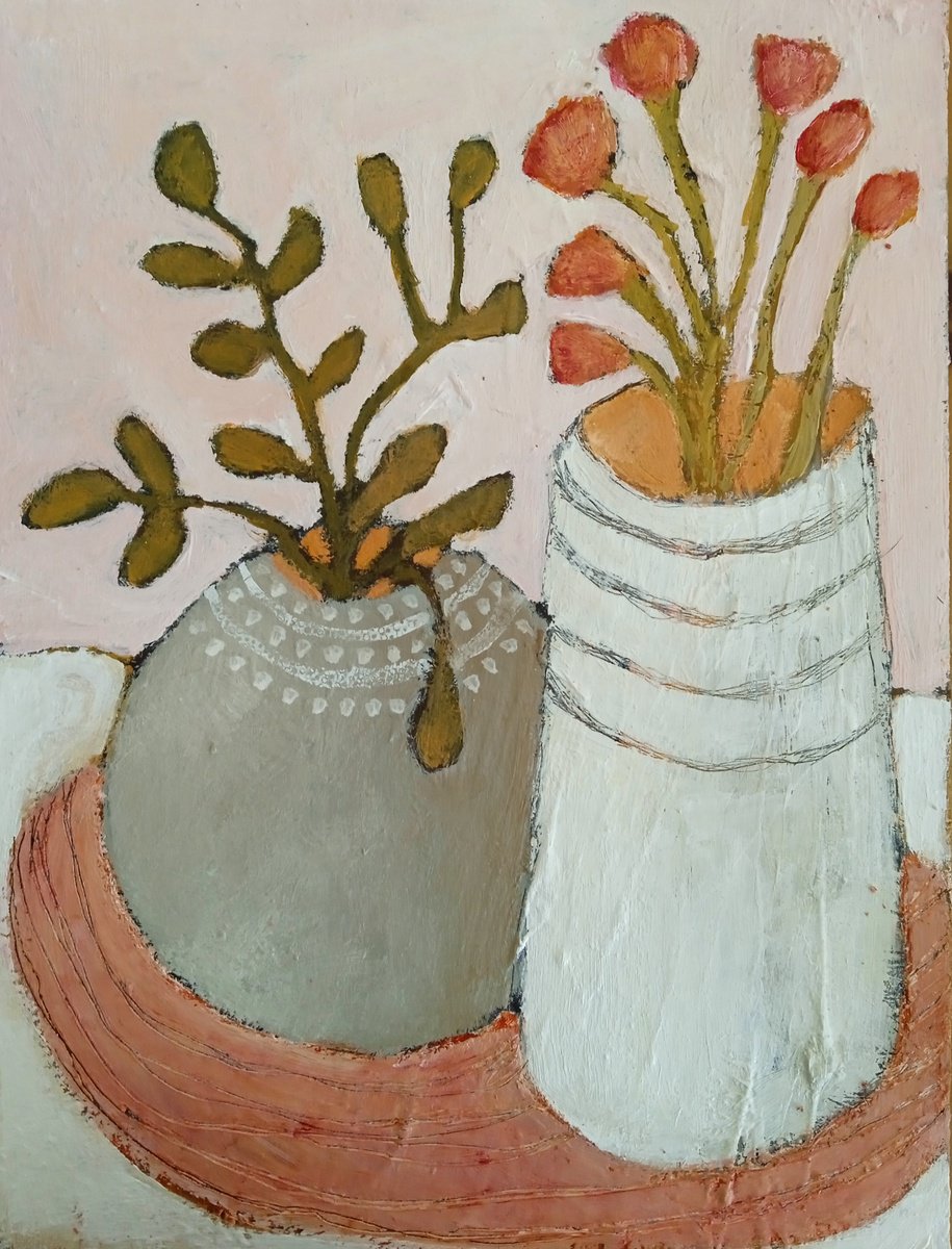 Tall Vase Pink Flowers... by Fiona Philipps