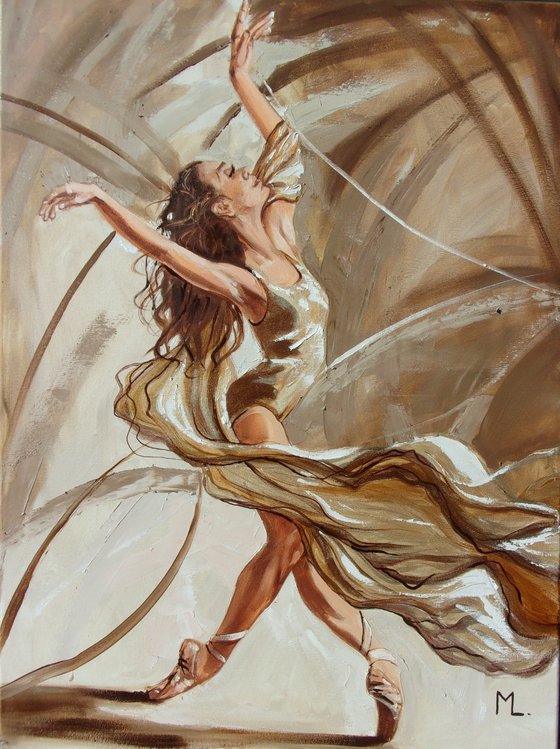 " GOLDEN FREEDOM ... "- ballerina liGHt ballet ORIGINAL OIL PAINTING, GIFT, PALETTE KNIFE
