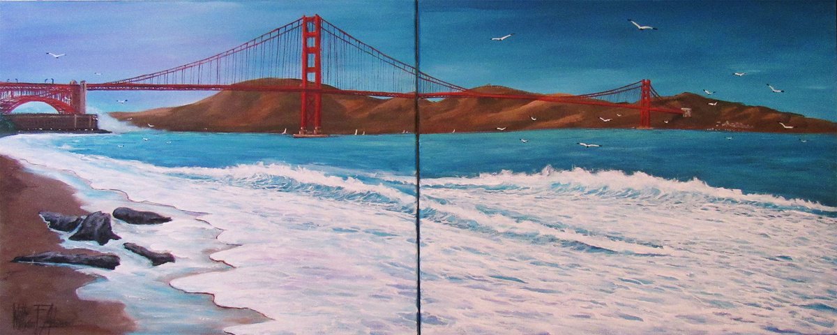 Impressionistic Landscape Acrylic Painting By William F. Adams, 40 X 16", Golden Gate Bridge In ..., Original Artwork
