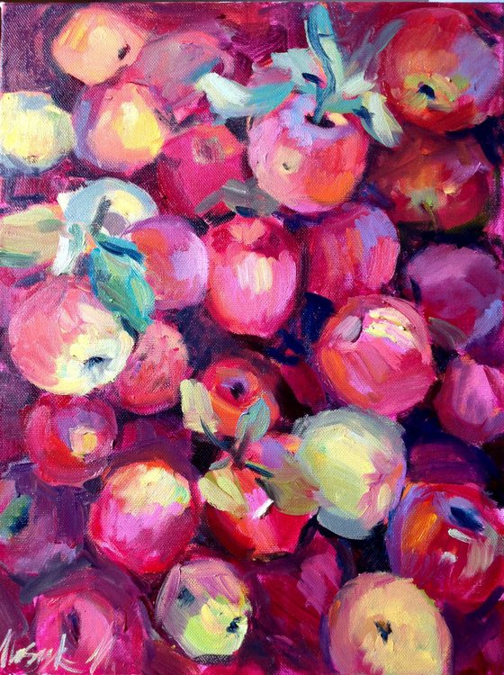 Red falls apples stilllife modern purple original fruits oil painting