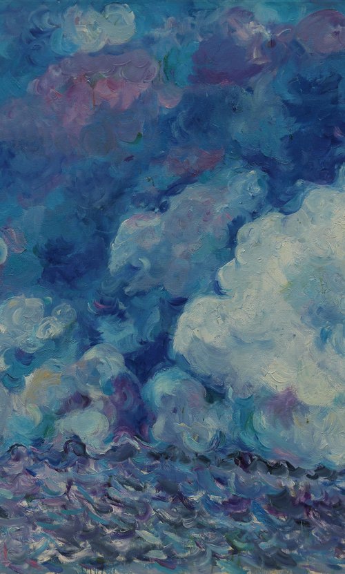 CLOUDS IN HIMALAYAS - large original impressionistic painting, blue sky landscape, skyscape cloudscape by Karakhan