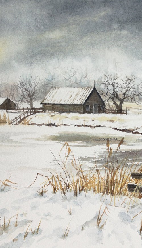 The Old Barn in Snow by Olga Beliaeva Watercolour