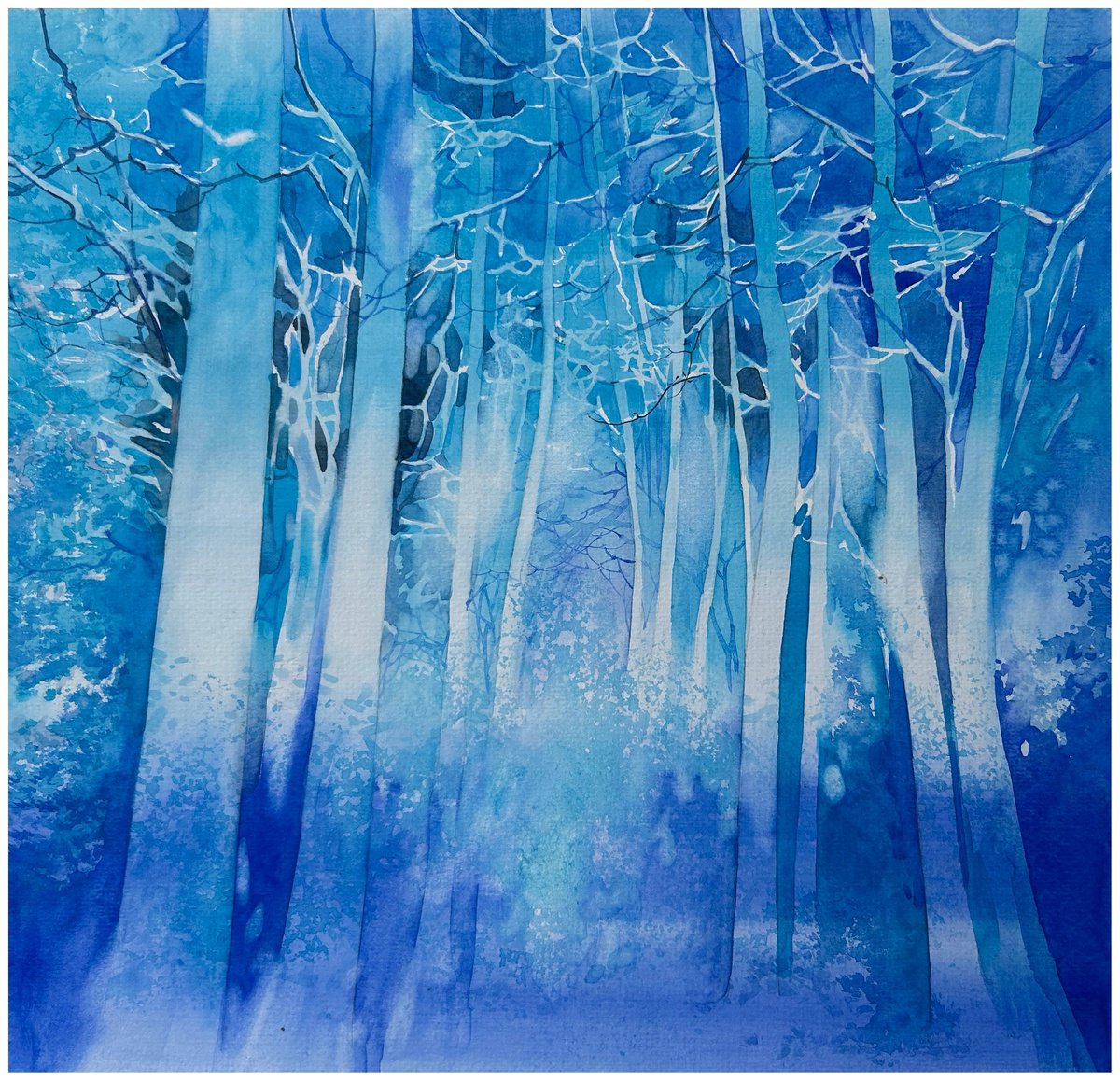 Impressionistic Landscape Watercolour By Nazar Grunyka, 12 X 12", Winter Blue Forest, Original Artwork
