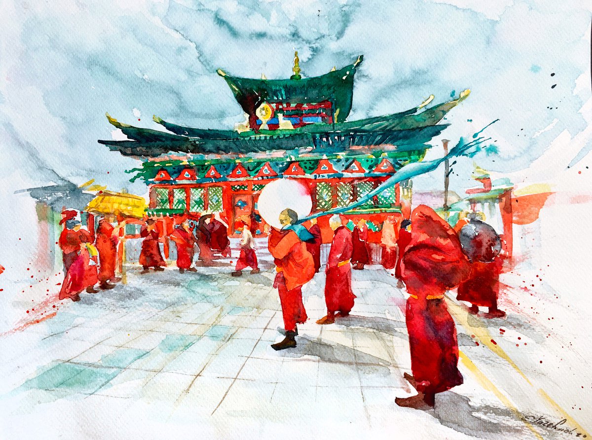 Impressionistic Watercolour , Buddhist Temple By Elena Yuzefovich, 16 X 12, Artwork For Sale On Artfinder