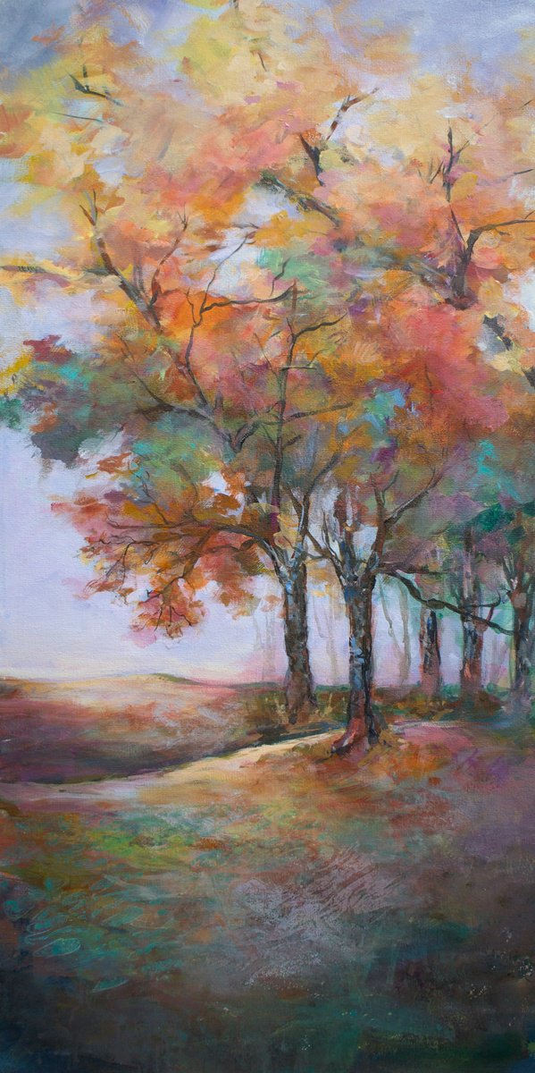 Impressionistic Landscape Acrylic Painting By Karen Hale, 18 X 36", Under An Autumn Sky, Original Artwork