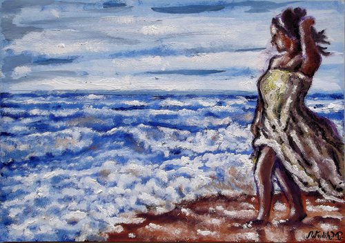 A MEMORABLE WALK - SEASIDE GIRL - Thick oil painting - 42x29.5cm by Wadih Maalouf