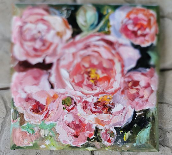 Peonies flowers painting, Textural painting on canvas