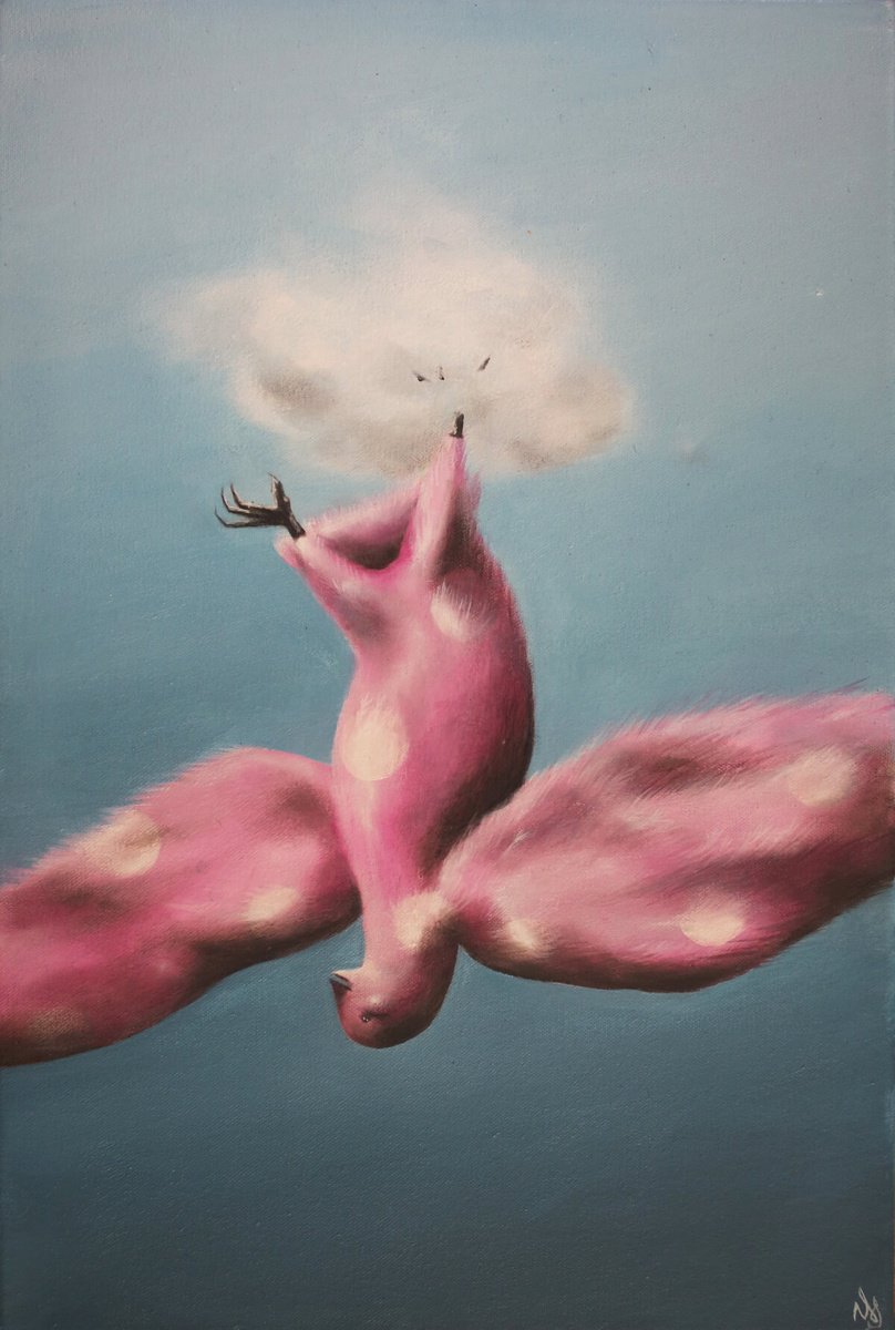 Surrealistic Animal Oil Painting By Vanessa T Stefanova, 12 X 18", Hanging In There, Original Artwork