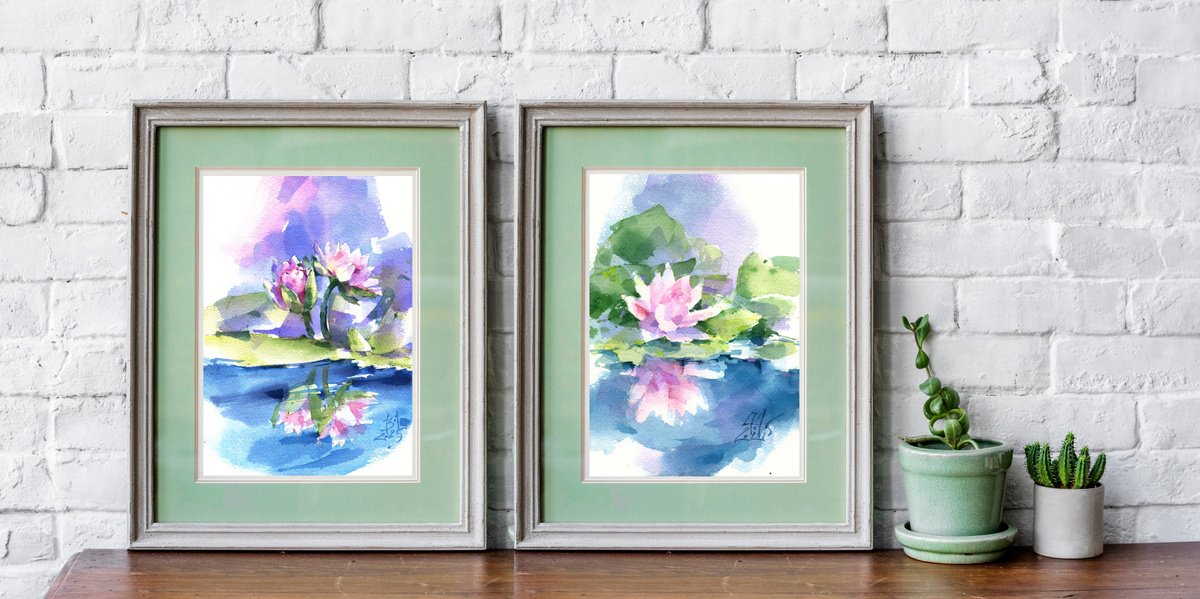 Impressionistic Botanical Watercolour By Ksenia Selianko, 6 X 9", Diptych "Pink Lotuses", Original Artwork